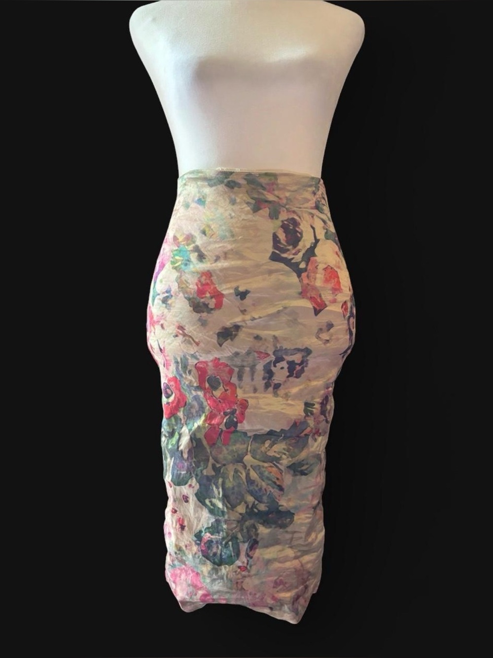 Nicole Miller Artelier Floral Crushed Satin Stretch Pencil Skirt Made in USA